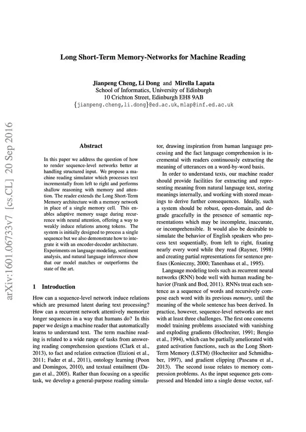 Image of front page of LSTM for Machine Reading